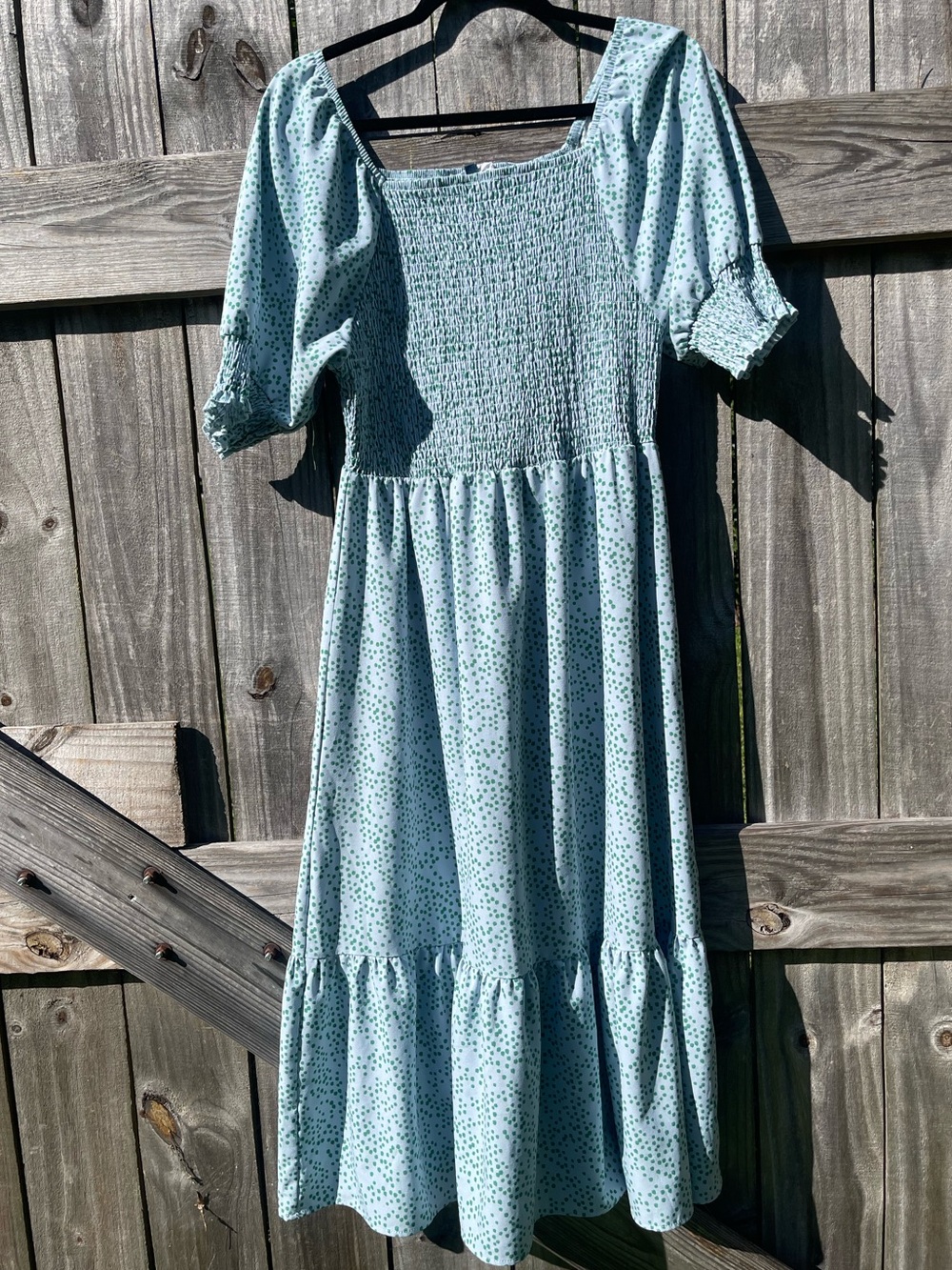 Michelle McDowell Smocked Square-Neck Maxi Dress in Mint Green Dot Sz L